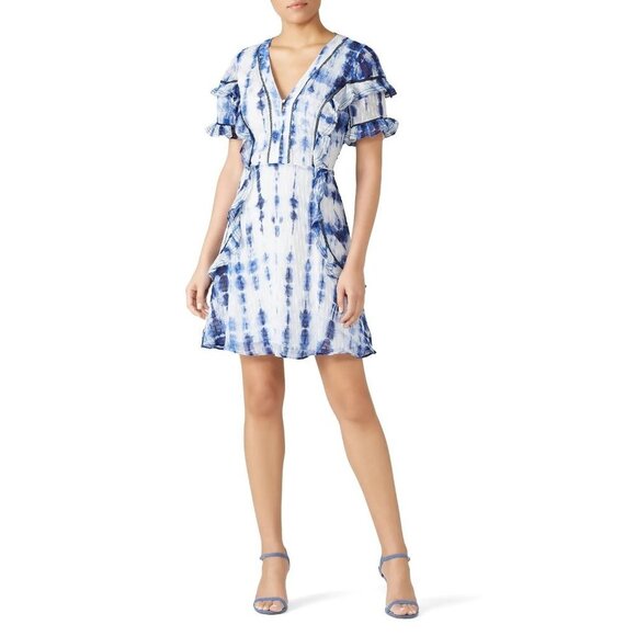 Tanya Taylor Rhett Blue White Tie Dye Silk Blend Mini Dress Women's Size 6 - Picture 1 of 11